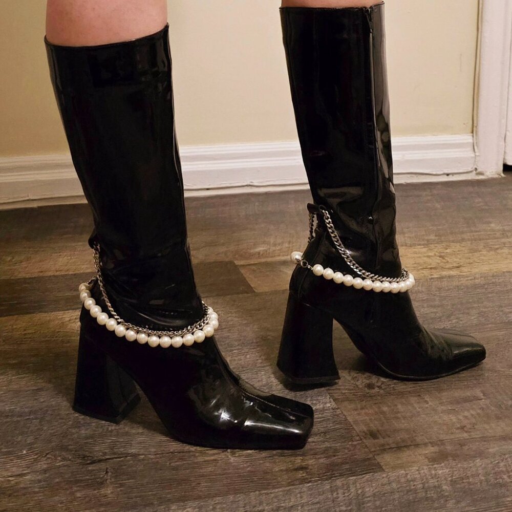 Black Patent Leather Knee-High Boots with Pearls